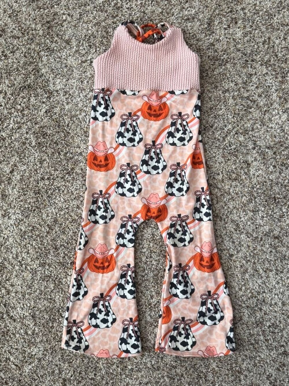 Biggin Little Toddler Girl 2T Halloween Pumpkin Cow Print Flare Jumpsuit